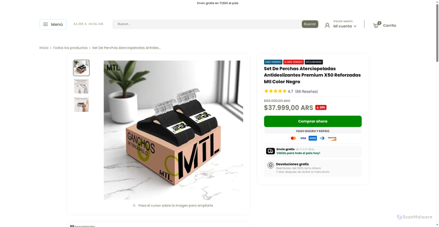 Security scan screenshot of https://aureahogar.shop/products/set-de-perchas-aterciopeladas-antideslizantes-premium-x50-reforzadas-mtl-color-negro