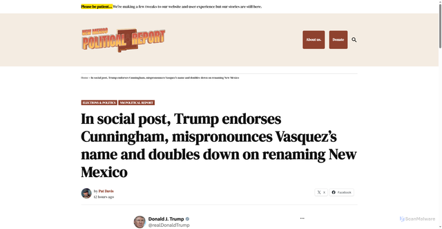 Security scan screenshot of https://nmpoliticalreport.com/2026/10/03/in-social-post-trump-endorses-cunningham-mispronounces-vasquezs-name-and-doubles-down-on-renaming-new-mexico/