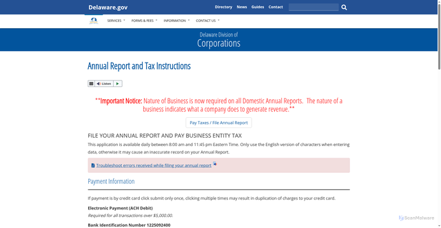 Security scan screenshot of https://corp.delaware.gov/paytaxes/