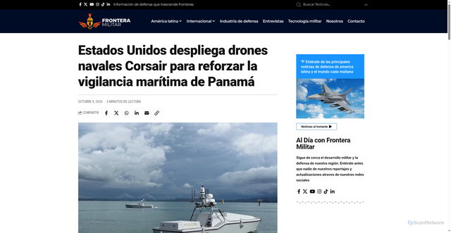 Security scan screenshot of https://fronteramilitar.com/centroamerica/estados-unidos-despliega-drones-navales-corsair-para-reforzar-la-vigilancia-maritima-de-panama/