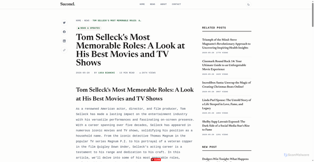 Security scan screenshot of https://n8n.suconel.com/tom-sellecks-most-memorable-roles-a-look-at-his-best-movies-and-tv-shows