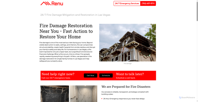 Security scan screenshot of https://renu.inc/fire-damage-mitigation-restoration-las-vegas-nv/