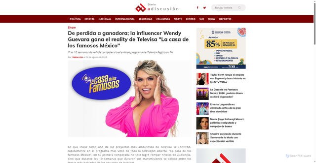 Security scan screenshot of https://www.adiscusion.com/Noticia.aspx?q=De-perdida-a-ganadora%3B-la-influencer-Wendy-Guevara-gana-el-reality-de-Televisa-%22La-casa-de-los-famosos-M%C3%A9xico%22-4bdf