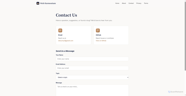 Security scan screenshot of https://web-harmonium.pages.dev/contact