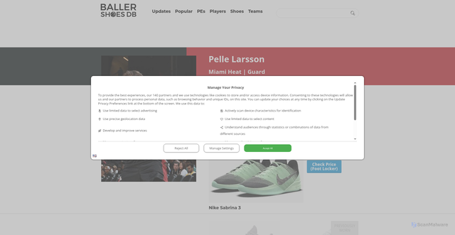 Security scan screenshot of https://ballershoesdb.com/players/pelle-larsson/