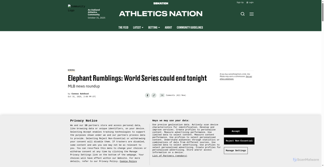 Security scan screenshot of https://www.athleticsnation.com/general/100899/elephant-rumblings-world-series-could-end-tonight
