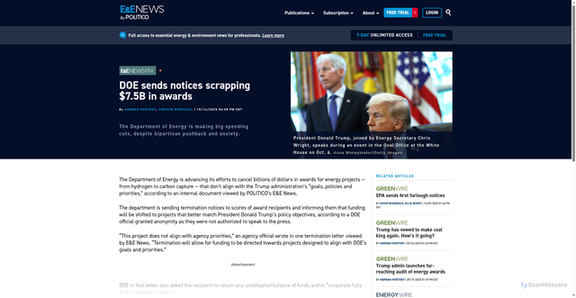 Security scan screenshot of https://www.eenews.net/articles/doe-sends-notices-scrapping-7-5b-in-awards/
