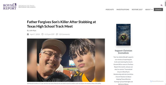 Security scan screenshot of https://roysreport.com/father-forgives-sons-killer-stabbing-texas-high-school-track-meet/