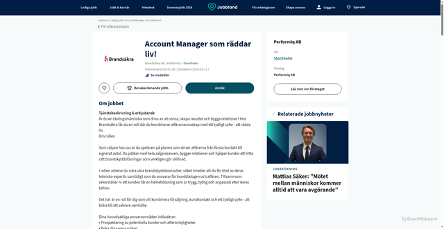 Security scan screenshot of https://jobbland.se/jobb/account-manager-som-raddar-liv-spser-19920390?utm_source=jobbevakaren&utm_medium=email&utm_content=sv&identifier=1436885062c5755f1fec8ac9a5d96cd8a761b5ca33eacfff6aca2048d3bdcc76