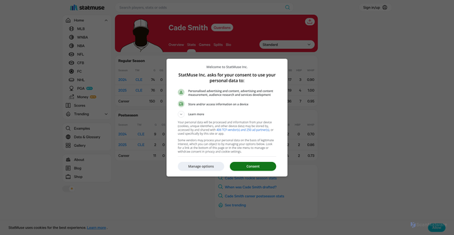 Security scan screenshot of https://www.statmuse.com/mlb/player/cade-smith-92490/career-stats