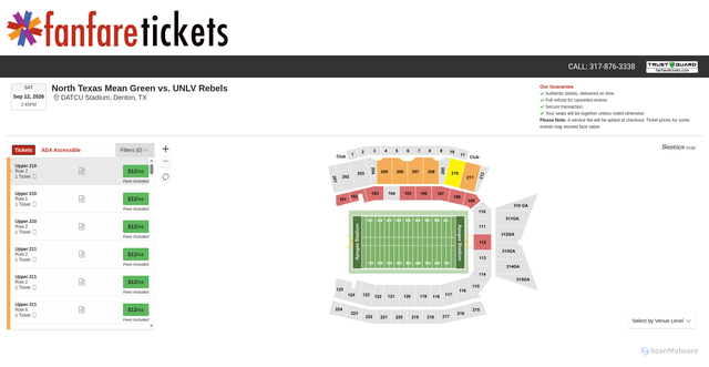 Security scan screenshot of https://www.fanfaretickets.com/Events/3342526/UNLV-Rebels-at-North-Texas-Mean-Green-Football-Tickets