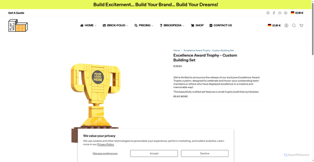 Security scan screenshot of https://playwell-bricks.com/products/excellence-award-trophy-custom-lego-set