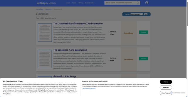 Security scan screenshot of https://www.bartleby.com/topics/generation-x