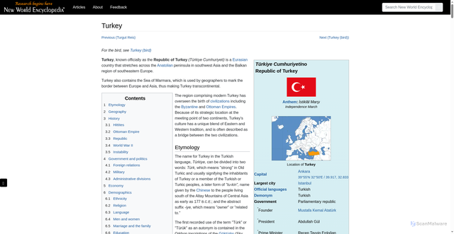 Security scan screenshot of https://www.newworldencyclopedia.org/entry/Turkey