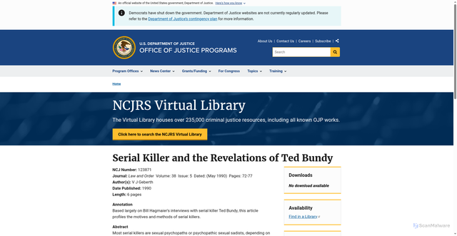 Security scan screenshot of https://www.ojp.gov/ncjrs/virtual-library/abstracts/serial-killer-and-revelations-ted-bundy