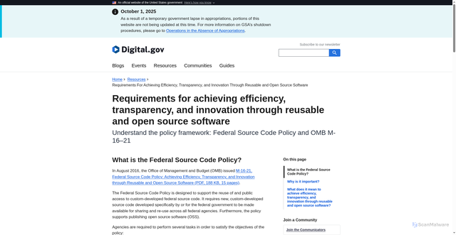 Security scan screenshot of https://digital.gov/resources/requirements-for-achieving-efficiency-transparency-and-innovation-through-reusable-and-open-source-software/