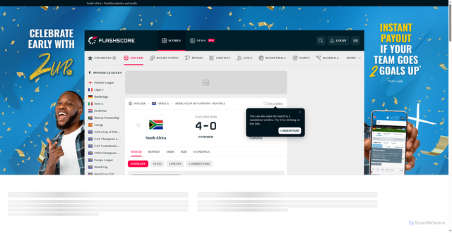 Security scan screenshot of https://www.flashscore.co.za/match/soccer/namibia-QLENxLuR/south-africa-W2ijYvlr/