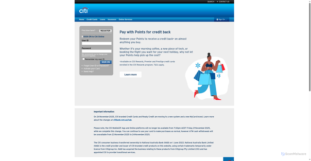 Security scan screenshot of https://www.citibank.com.au/AUGCB/JSO/username/signon/flow.action