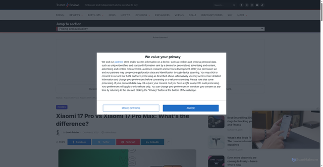 Security scan screenshot of https://www.trustedreviews.com/versus/xiaomi-17-pro-vs-17-pro-max