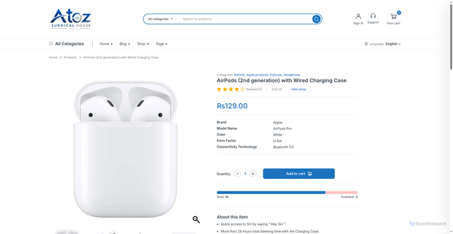 Security scan screenshot of https://atozsurgcialhouse.store/product/airpods-2nd-generation-with-wired-charging-case/