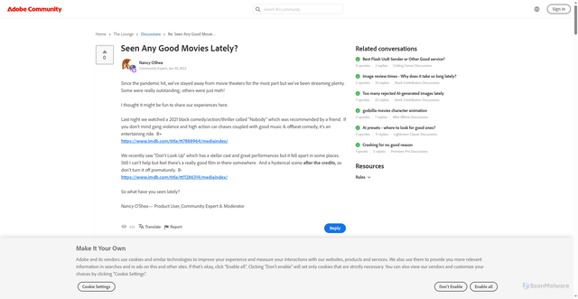 Security scan screenshot of https://community.adobe.com/t5/the-lounge-discussions/seen-any-good-movies-lately/m-p/12740979