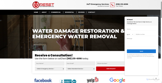 Security scan screenshot of https://www.resetrestoration.com/services/residential/emergency-services/water-damage/