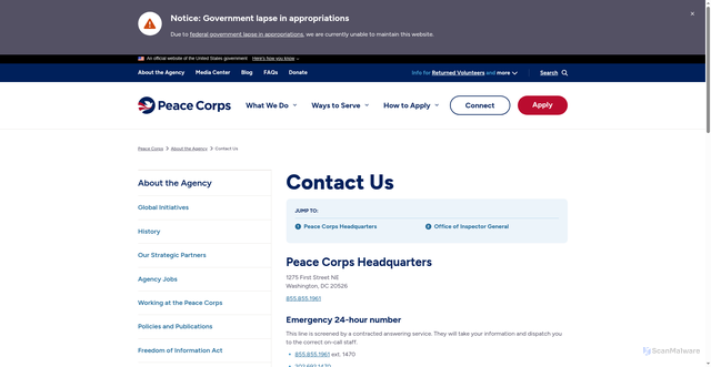 Security scan screenshot of https://www.peacecorps.gov/about-the-agency/contact-us/#office-of-inspector-general/