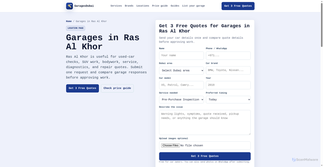 Security scan screenshot of https://garagedubai.pages.dev/garages-in-ras-al-khor
