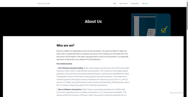 Security scan screenshot of https://secureourvote.us/about/