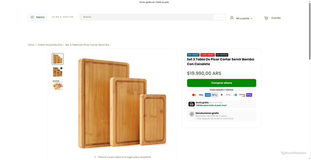 Security scan screenshot of https://aureahogar.shop/products/set-3-tabla-de-picar-cortar-servir-bambu-con-canaleta