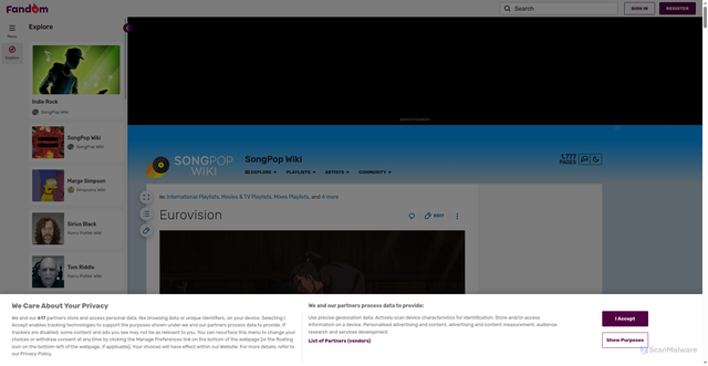 Security scan screenshot of https://songpop.fandom.com/wiki/Eurovision