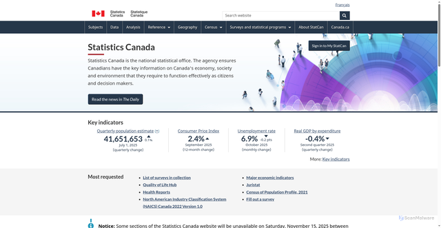 Security scan screenshot of https://www.statcan.gc.ca/en/start
