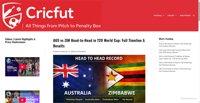 Security scan screenshot of https://www.cricfut.com/cricket/australia-vs-zimbabwe-head-to-head-stats-timeline