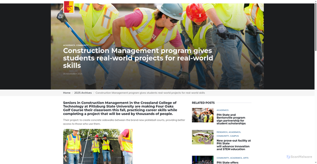 Security scan screenshot of https://www.pittstate.edu/gorillaconnection/2025/11/construction-management-program-gives-students-real-world-projects-for-real-world-skills.html