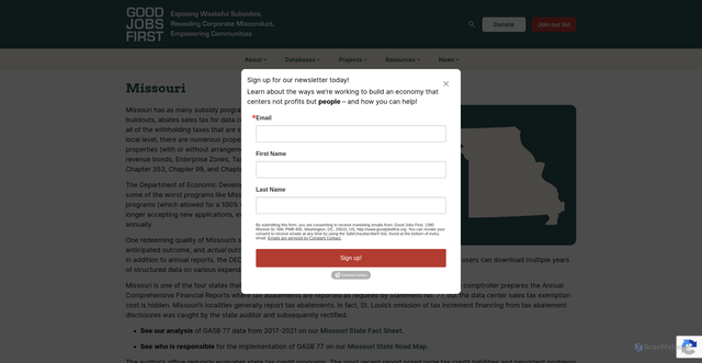 Security scan screenshot of https://goodjobsfirst.org/states/missouri/