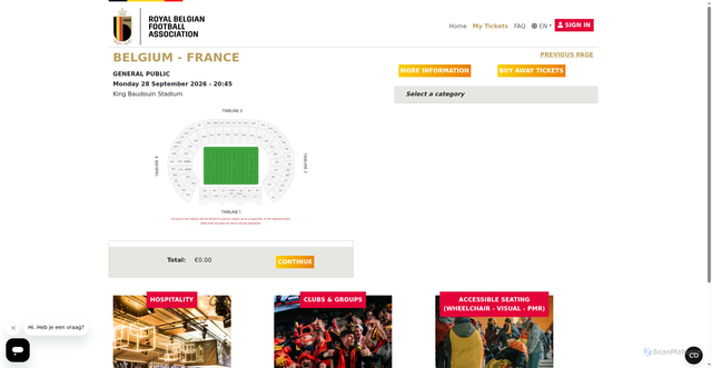 Security scan screenshot of https://tickets.rbfa.be/en/event/home/Belgium-France/865af8c0-51f1-4edd-a1a3-93aa28dfdbc6