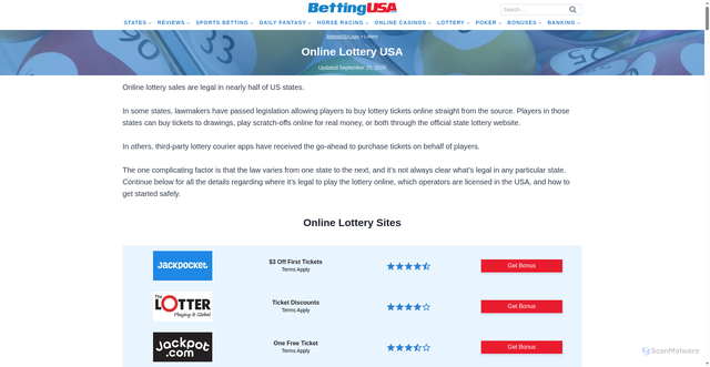 Security scan screenshot of https://www.bettingusa.com/lottery/