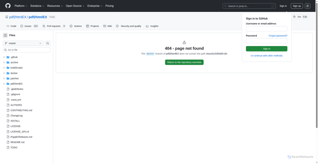 Security scan screenshot of https://github.com/pdf2htmlEX/pdf2htmlEX/blob/master/share/LICENSE=20