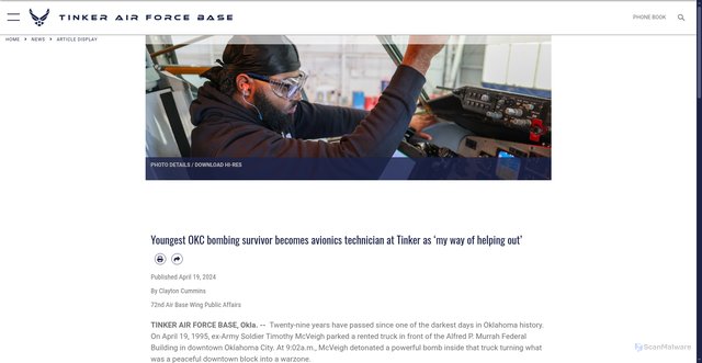Security scan screenshot of https://www.tinker.af.mil/News/Article-Display/Article/3749325/youngest-okc-bombing-survivor-becomes-avionics-technician-at-tinker-as-my-way-o/