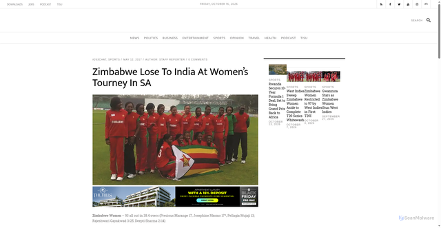 Security scan screenshot of https://www.263chat.com/zimbabwe-lose-india-womens-tourney-sa/