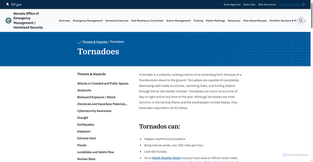 Security scan screenshot of https://www.oem.nv.gov/emergency-management/threats-hazards/tornadoes/