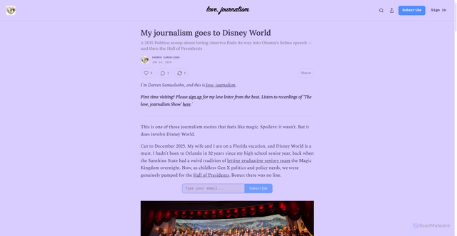 Security scan screenshot of https://www.lovejournalism.com/p/obama-selma-disney-world-hall-presidents-giuliani-love-america