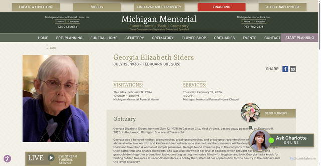 Security scan screenshot of https://mimemorial.com/obituaries/S/Georgia%20Elizabeth%20Siders