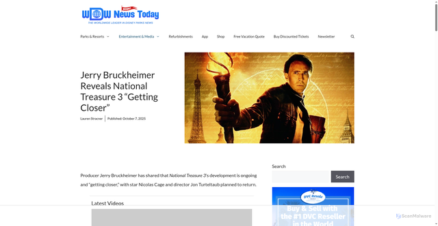 Security scan screenshot of https://wdwnt.com/2025/10/jerry-bruckheimer-reveals-national-treasure-3-getting-closer/