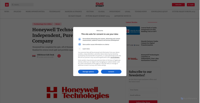 Security scan screenshot of https://smestreet.in/technology/honeywell-technologies-launches-as-independent-pure-play-automation-company-12117654