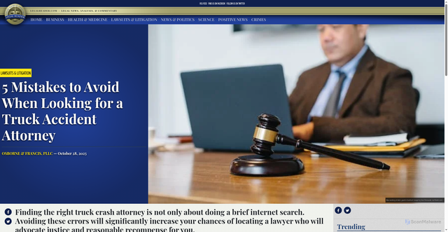 Security scan screenshot of https://www.legalreader.com/5-mistakes-to-avoid-when-looking-for-a-truck-accident-attorney/