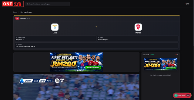 Security scan screenshot of https://onescoretv.com/football/live/lazio-vs-monza-2993810