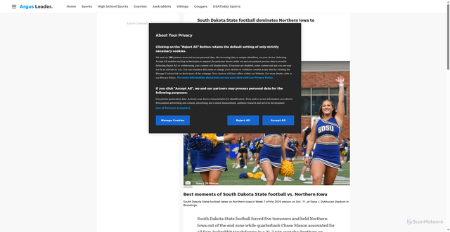 Security scan screenshot of https://www.argusleader.com/story/sports/college/2025/10/11/south-dakota-state-uni-football-mvc/86652768007/