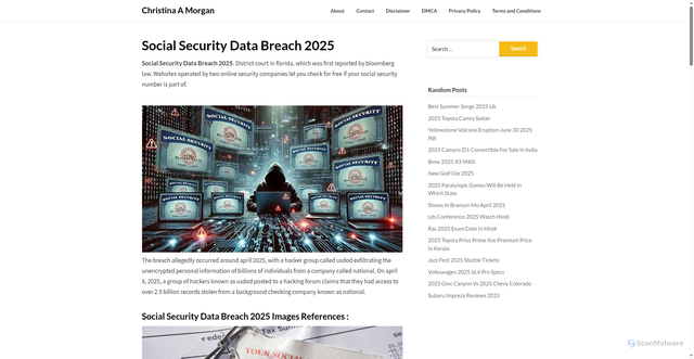 Security scan screenshot of https://christinaamorgann.pages.dev/ovsod-social-security-data-breach-2025-ritqs/