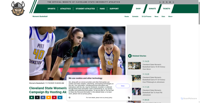 Security scan screenshot of https://csuvikings.com/news/2025/11/15/cleveland-state-womens-basketball-continues-2025-26-campaign-by-hosting-akron.aspx
